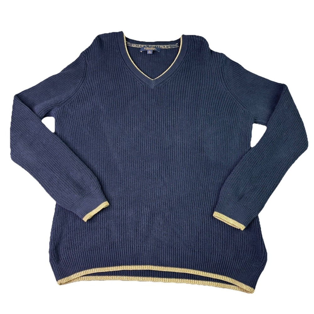 Brooks Brothers Navy‎ Blue Gold Hem Knitted V-Neck Sweater Size XL Supima Cotton